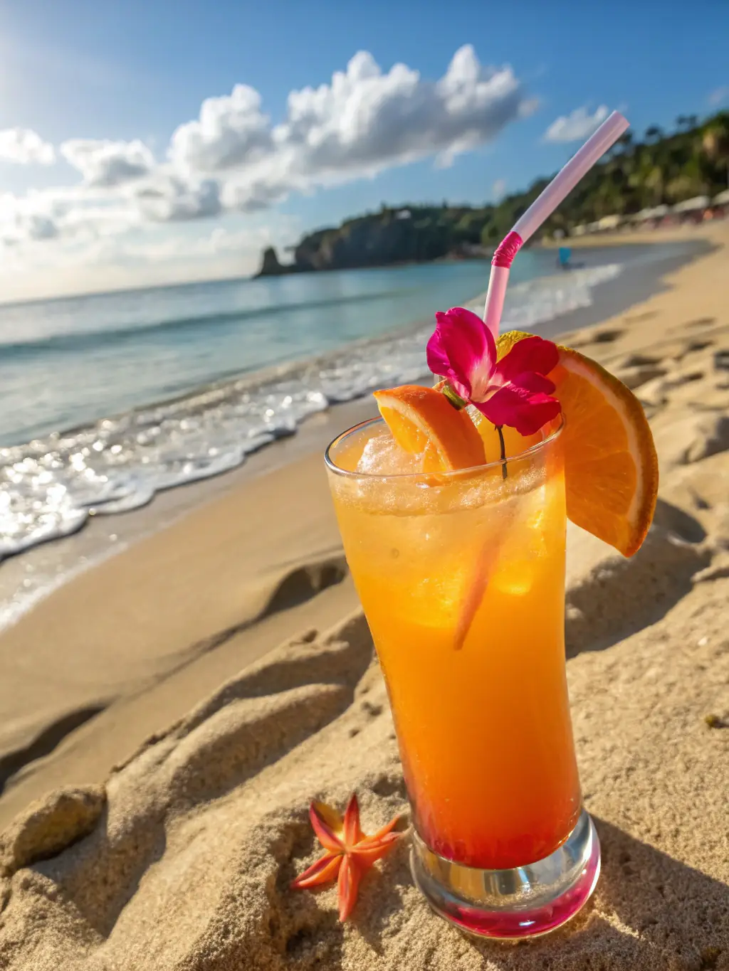 A close-up shot of a delicious cocktail being served at a Golden Sands Events beach party, highlighting the premium drinks and catering services offered.