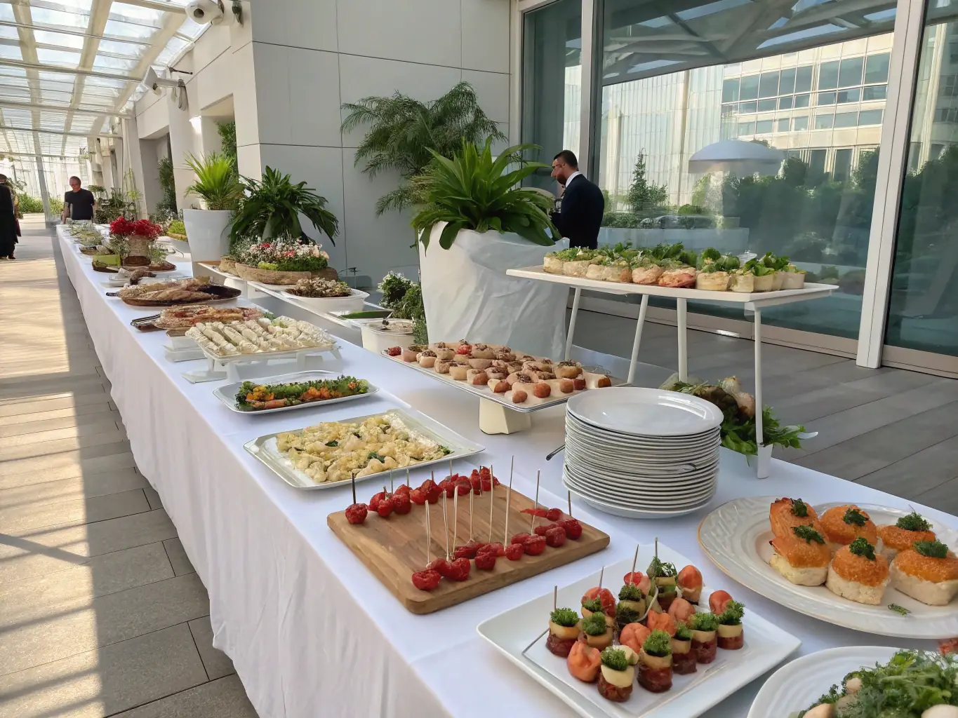 A modern corporate event setup with branded displays and professional catering, reflecting Golden Sands Events' capability in corporate event management.