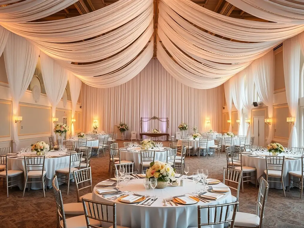A beautifully decorated wedding reception hall with elegant floral arrangements and soft lighting, showcasing Golden Sands Events' expertise in wedding planning.
