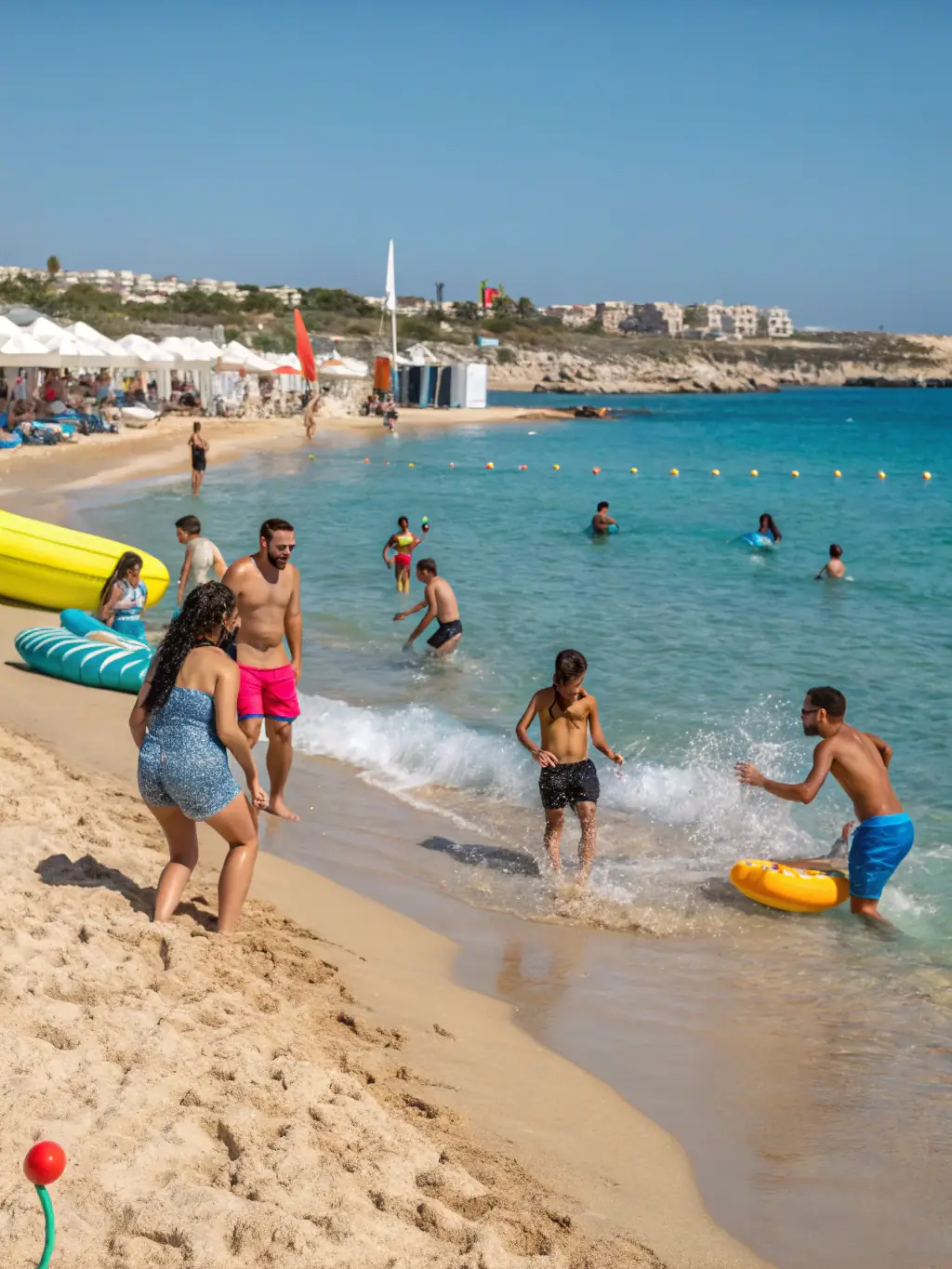 A vibrant photograph capturing the essence of a Golden Sands Events beach party, featuring people dancing, laughing, and enjoying themselves on the sand with the ocean in the background.