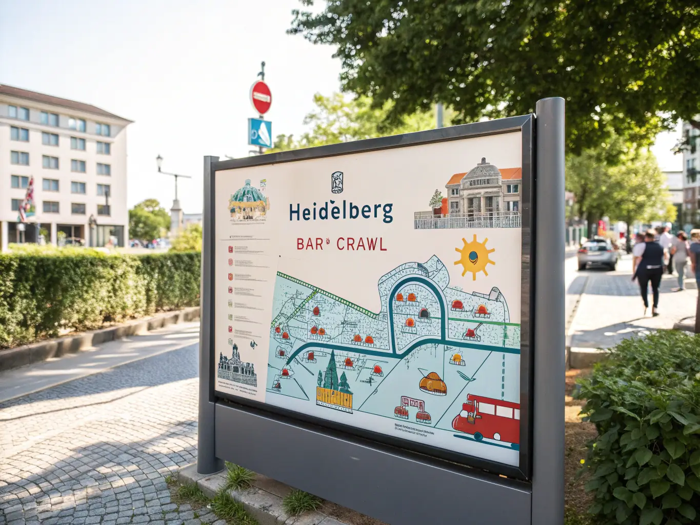 A detailed map illustration highlighting the route of the Golden Sands Events bar tour, pinpointing each bar location with unique icons. The map includes street names and landmarks for easy navigation.