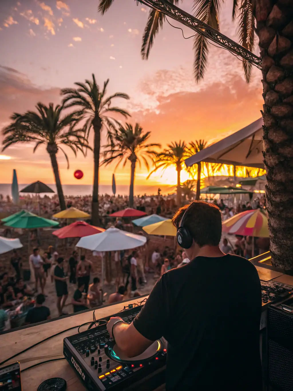 A dynamic photo of a live DJ performing at a Golden Sands Events beach party, capturing the energy and excitement of the music and entertainment provided.