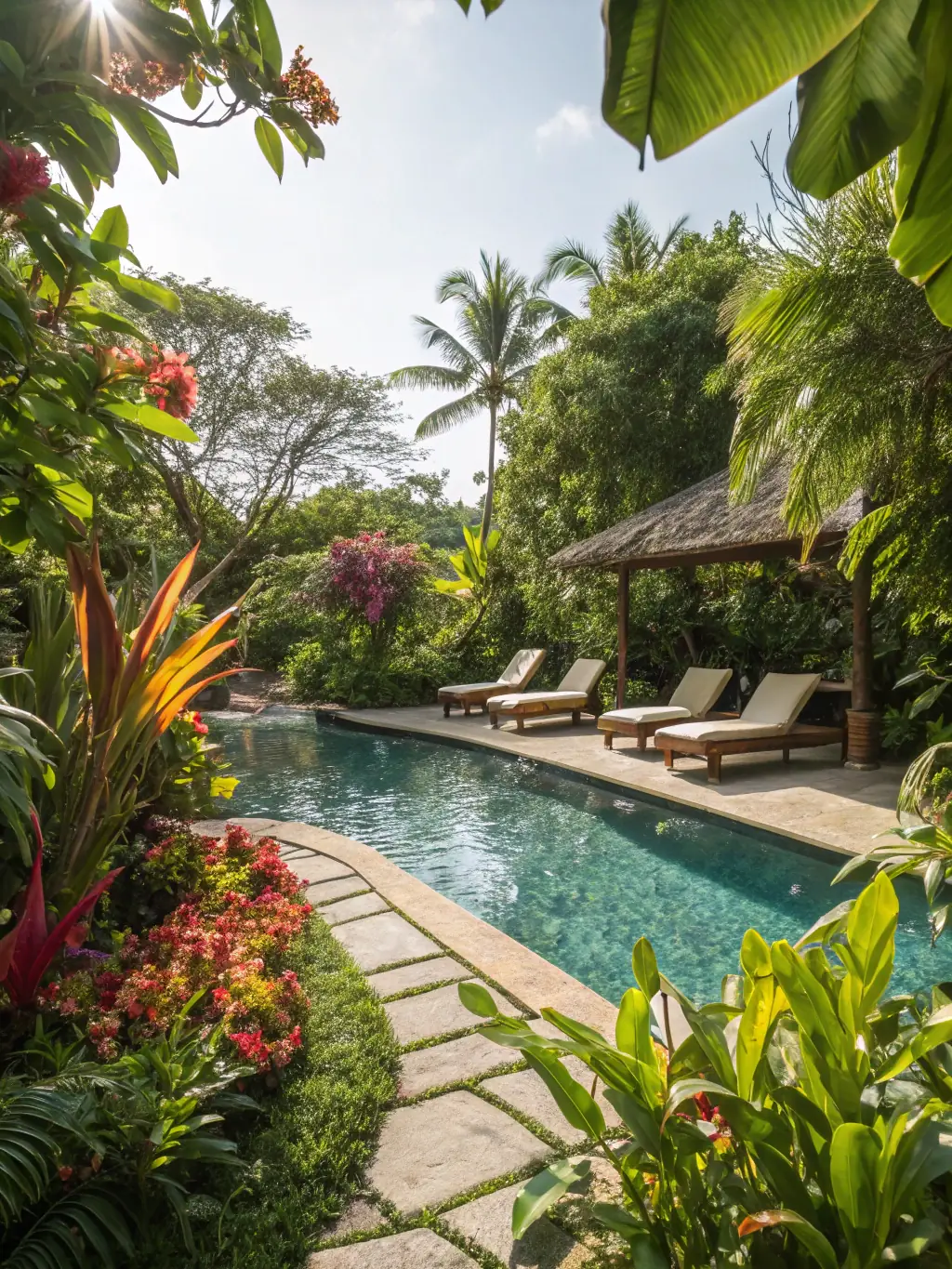 An aerial view of a creatively decorated pool area with themed decorations, lighting, and lounge furniture, showcasing the unique and immersive environments Golden Sands Events designs.