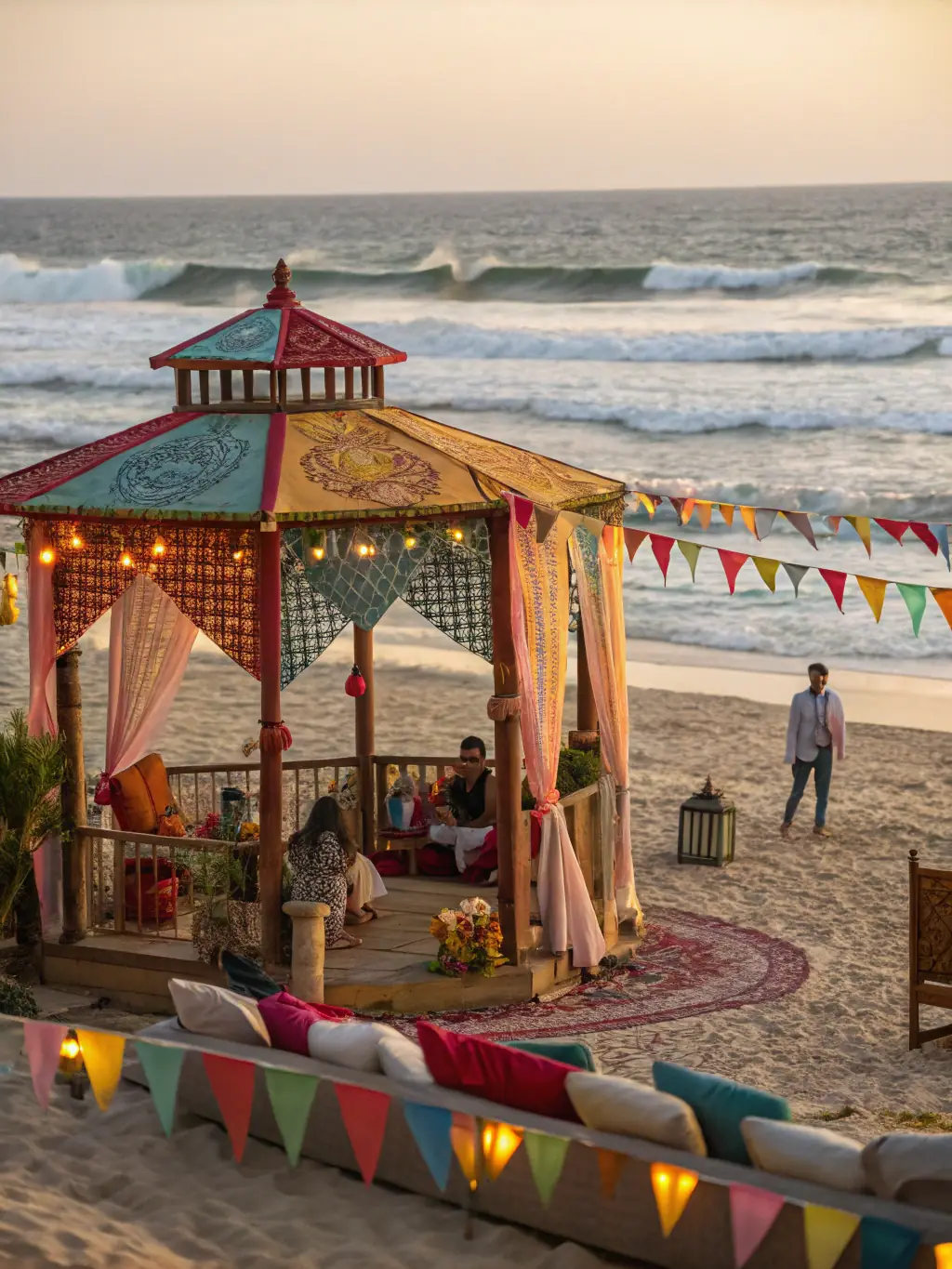 A high-quality image showcasing a beautifully decorated beach party setup by Golden Sands Events, including comfortable seating, colorful umbrellas, and elegant lighting for an evening event.