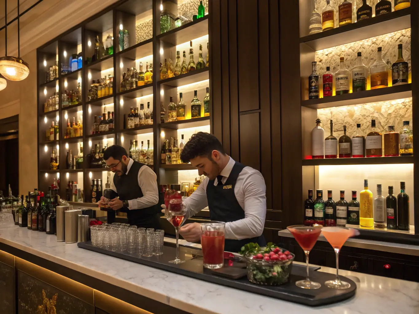 A photograph capturing the interior of a high-end bar featured on the Golden Sands Events tour, showcasing its unique ambiance and decor. The bar is well-stocked, with a variety of premium spirits and a skilled bartender crafting cocktails.