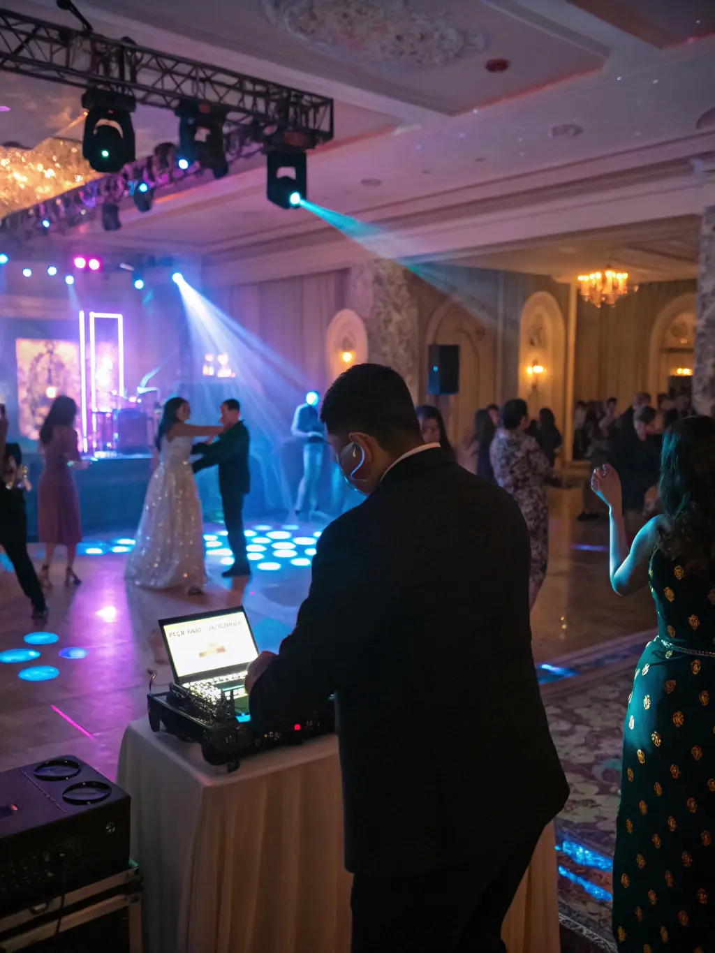 A dynamic shot of a professional DJ spinning music at a pool party, with people dancing and enjoying the music, highlighting the high-energy entertainment options provided by Golden Sands Events.