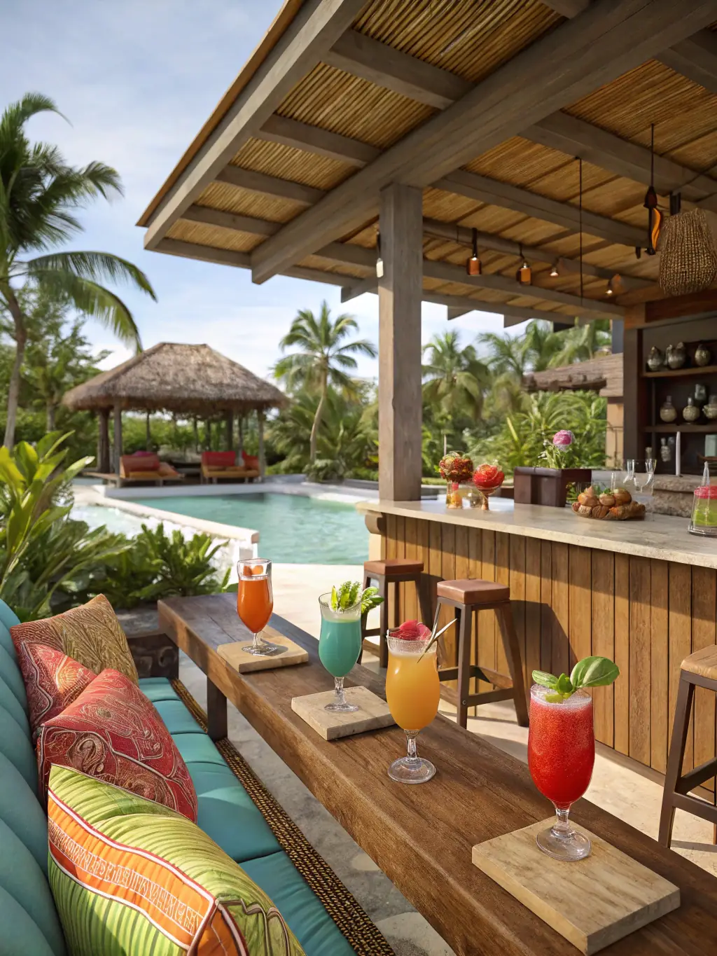 A close-up of a beautifully decorated poolside table with tropical-themed cocktails, fresh fruit platters, and elegant glassware, showcasing the attention to detail in Golden Sands Events' catering services.