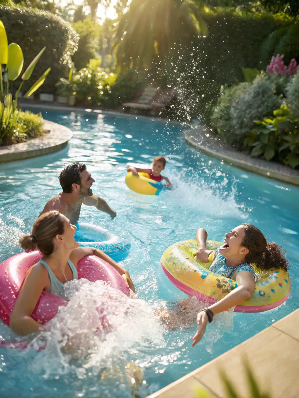 A high-angle shot of a vibrant pool party scene with people enjoying themselves in the water, colorful inflatable toys, and a DJ booth in the background, representing the fun and lively atmosphere Golden Sands Events creates.