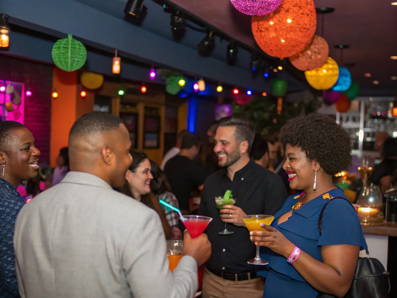 A vibrant image showcasing a group of people laughing and enjoying cocktails at a stylish bar during a Golden Sands Events bar tour. The bar is well-lit, with a modern design, and the atmosphere is lively and inviting.